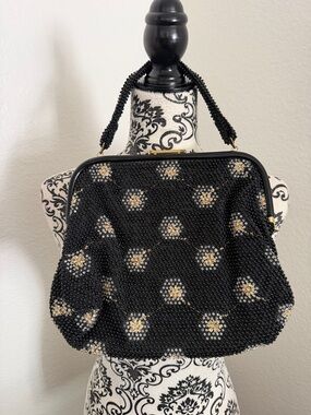 Rare Vintage 1950s Black Starburst Beaded Evening Bag with Gold Accents